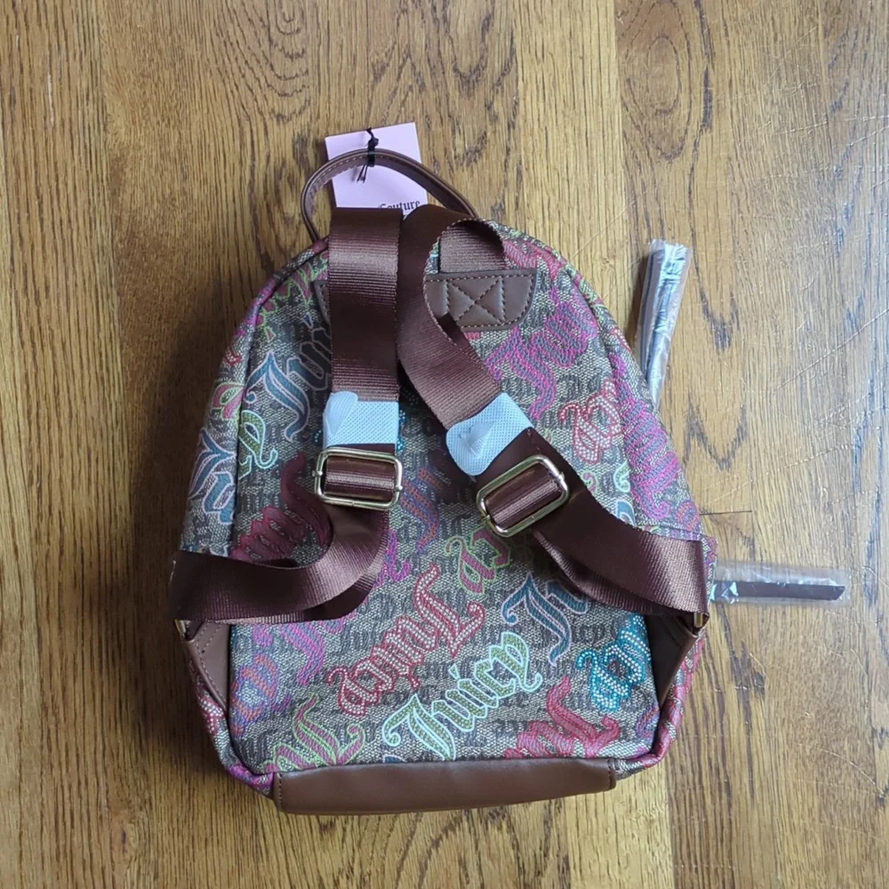 NWT Juicy Couture Graffiti Logo Mini Backpack Y2K Vibes Brown And Multicolor